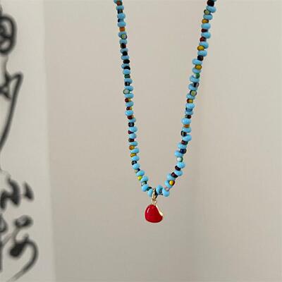 复古蓝色天然石串珠项链 百搭锁骨链小红心颈链