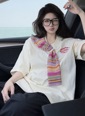 DYXY美式高街小众设计感复古多巴胺围巾拼接短袖宽松T恤情侣潮牌