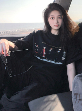 DYXY美式高街黑色小众短袖t恤宽松交错行走人影印花港风上衣ins潮