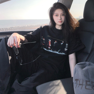 DYXY美式高街黑色小众短袖t恤宽松交错行走人影印花港风上衣ins潮