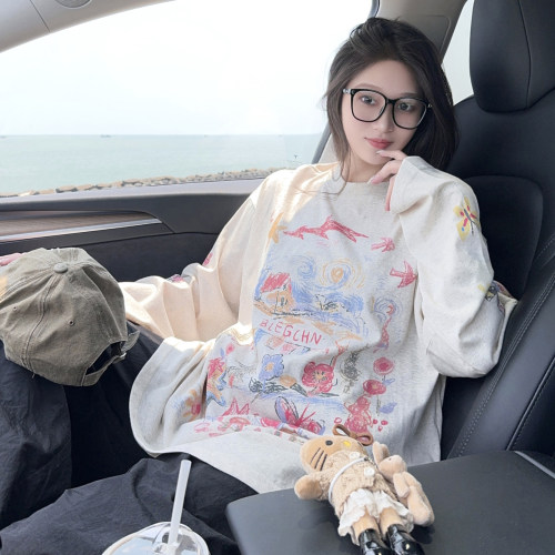 美式趣味涂鸦印花长袖T恤2026春