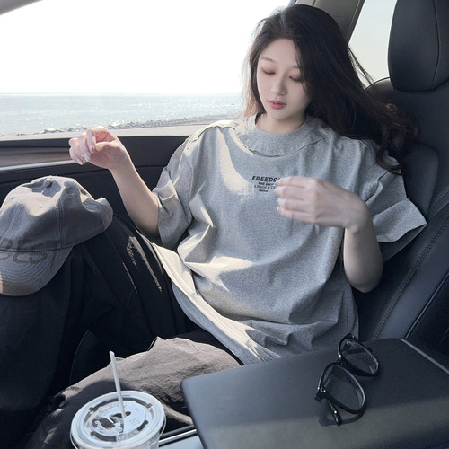 简约风字母印花叠层设计感短袖