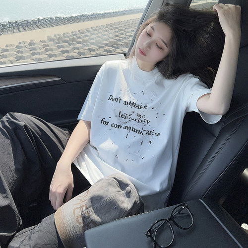 模糊字母印花短袖T恤男女小众