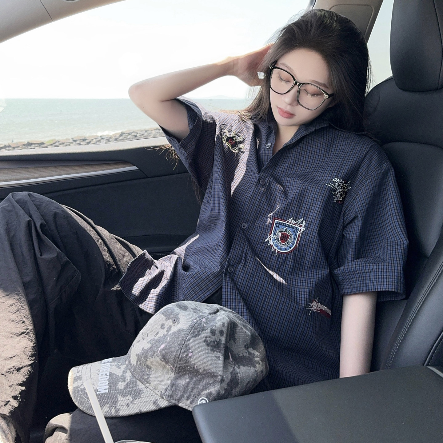 DYXY韩版学院风格子衬衫刺绣小众2026情侣男女开衫复古POLO领美式