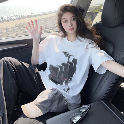 慵懒风人影印花短袖T恤男女