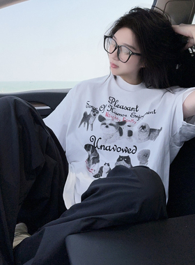 DYXY美式高街猫咪狗狗复古印花短袖小众2025夏季新款T恤情侣ins潮