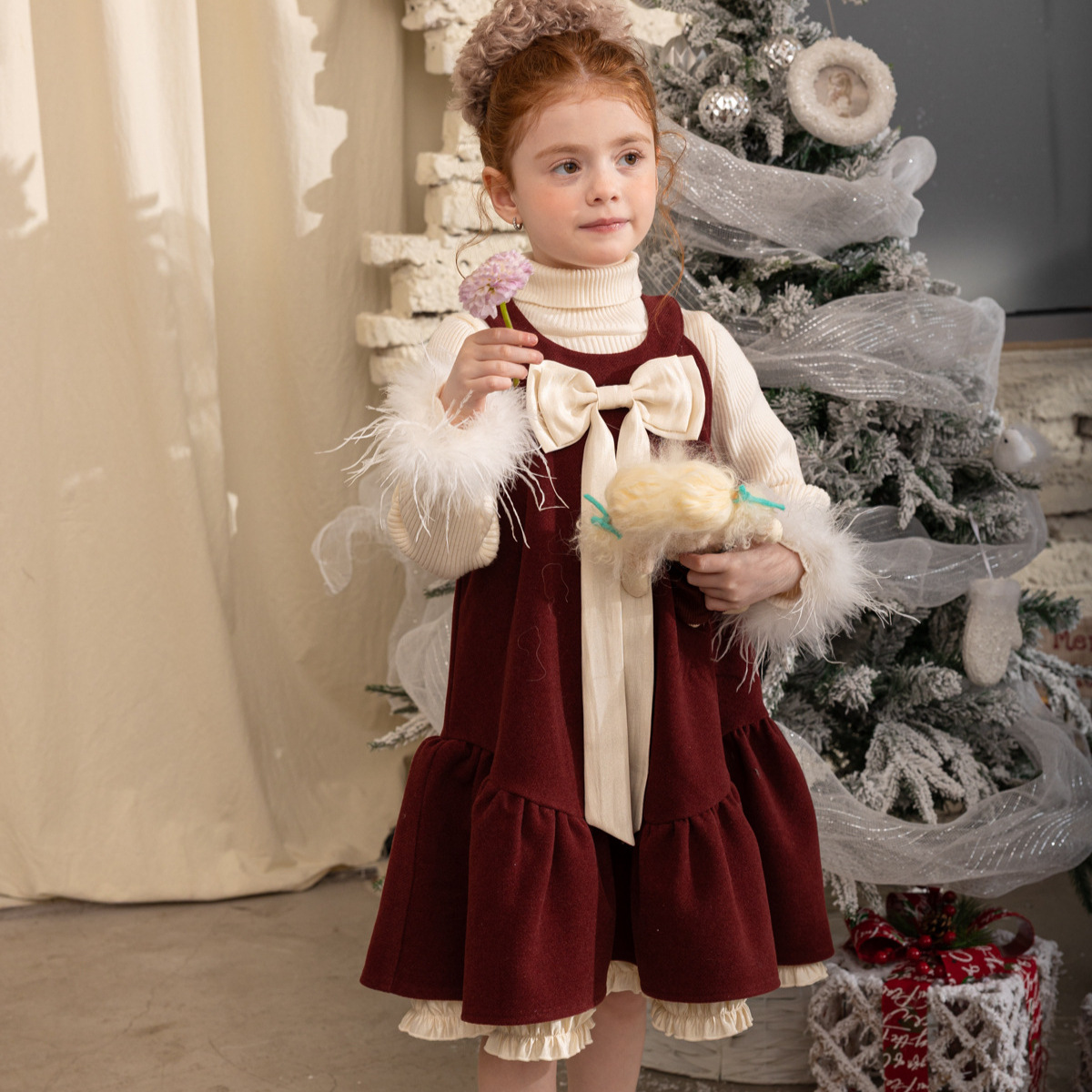 女童冬季加厚圣诞蝴蝶结连衣裙