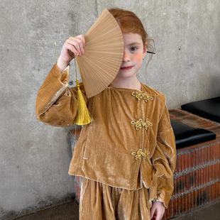 2025女童秋新韩版童装时尚灯芯绒新中式斜襟衣服裤子丝绒国风套装