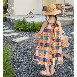 25ss夏季女童撞色吊带连衣裙度假风沙滩儿童碎花格子挂脖子背心裙