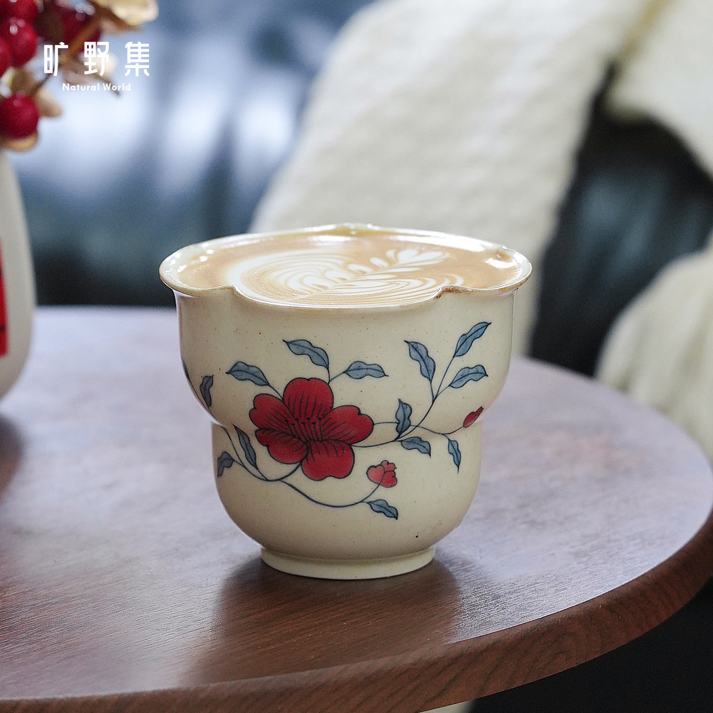 旷野集 红山茶葫芦手握杯280cc景德镇手绘陶瓷花口咖啡杯拉花送礼