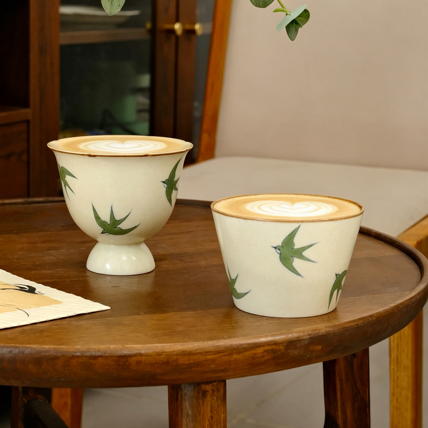 旷野集手作 青燕咖啡杯拉花景德镇陶瓷花口高足杯女士精致猪口杯