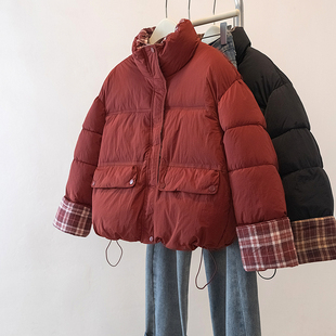实拍大码 设计感拼接格子面包服洋气显瘦百搭棉服外套女 女2025新款
