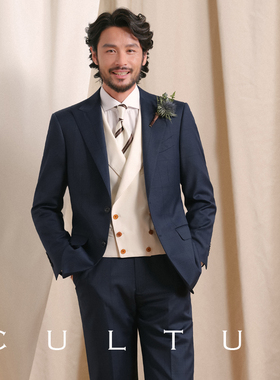 【1499礼盒】CULTUM澳洲羊毛亲王格半麻衬西服套装男新郎婚礼西装