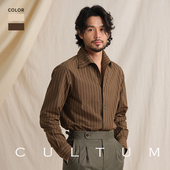男长袖 一片领条纹衬衫 CULTUM意式 休闲复古轻薄衬衣 纯棉泡泡纱
