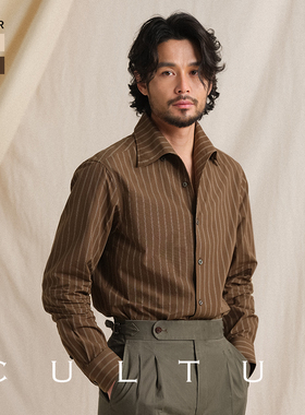 【纯棉泡泡纱】CULTUM意式一片领条纹衬衫男长袖休闲复古轻薄衬衣