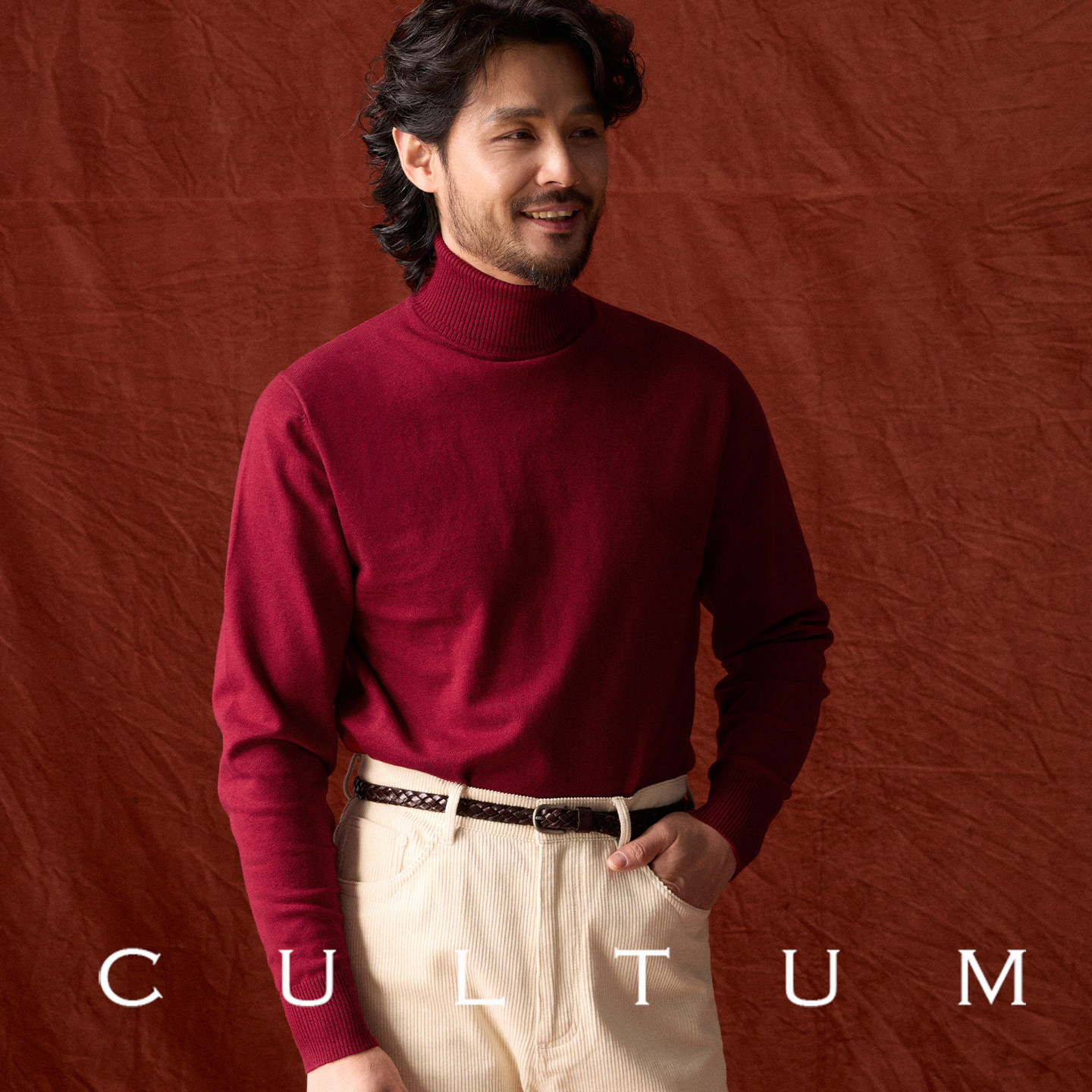 可机洗棉山羊绒红色高领针织衫