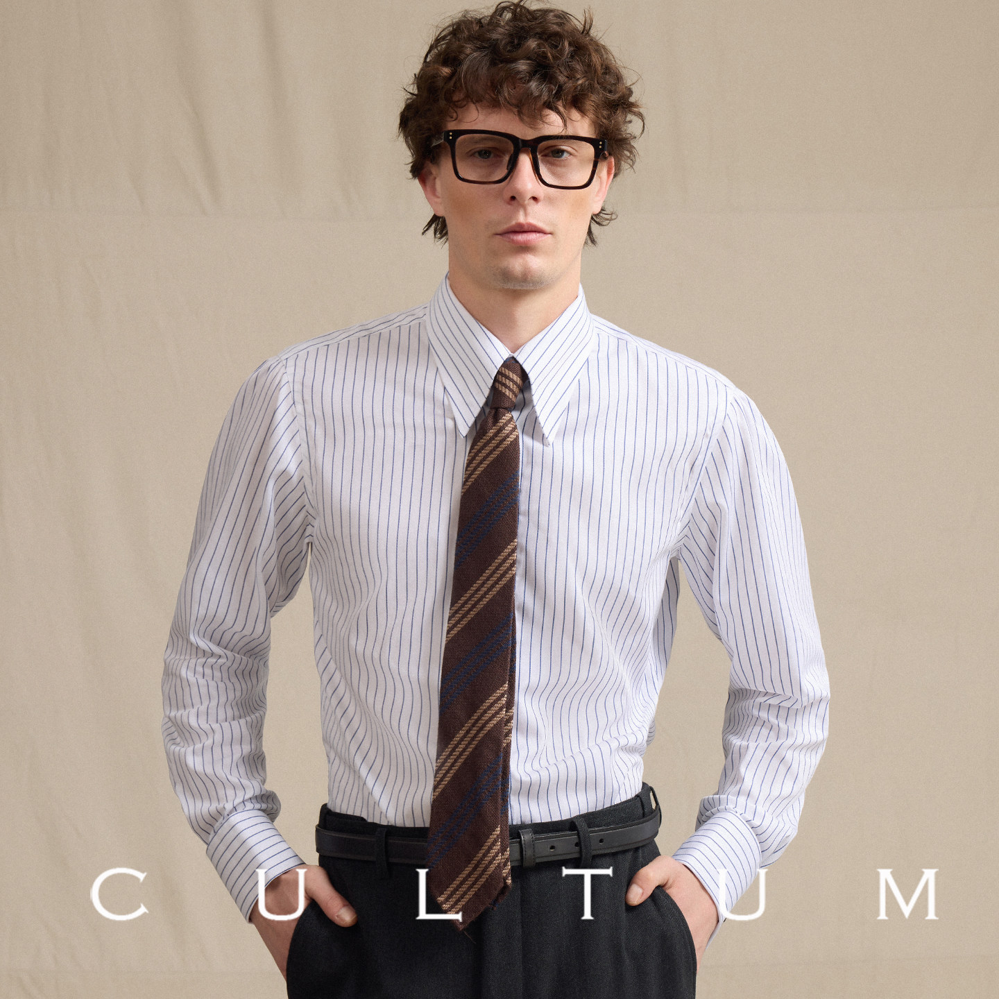 CULTUM 100%新疆长绒棉意式长尖领蓝条纹衬衫男长袖休闲免烫衬衣