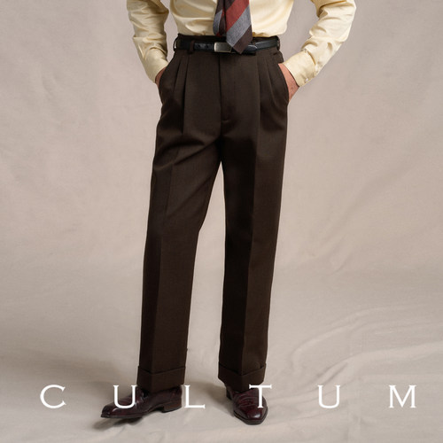 CULTUM50羊毛斜纹免熨烫双褶西裤