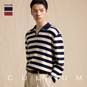 长袖 男士 CULTUM翻领针织条纹海魂衫 复古学院风打底 100%长绒棉