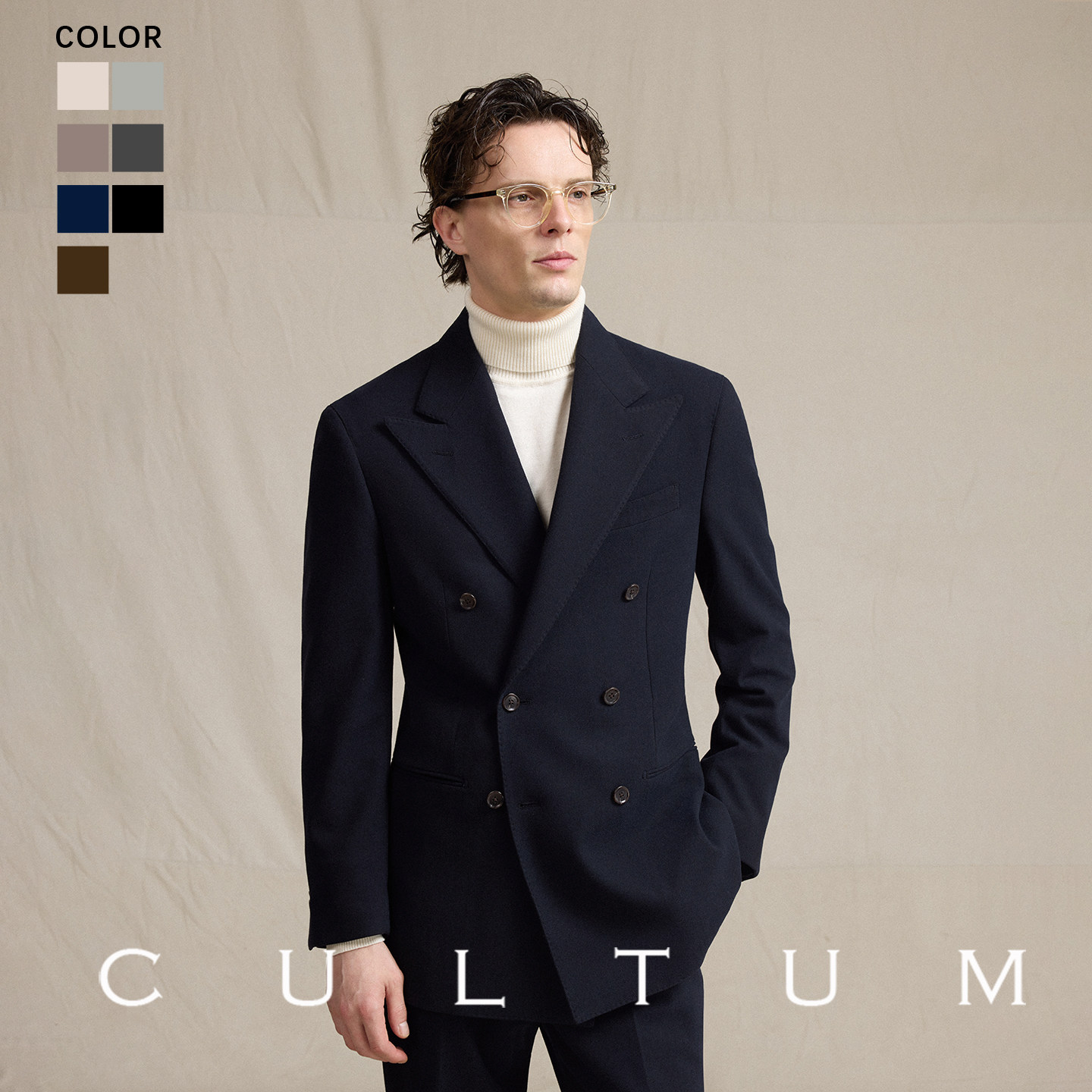 【免烫法兰绒】CULTUM通勤人字纹磨毛易打理戗驳领双排西服套装男