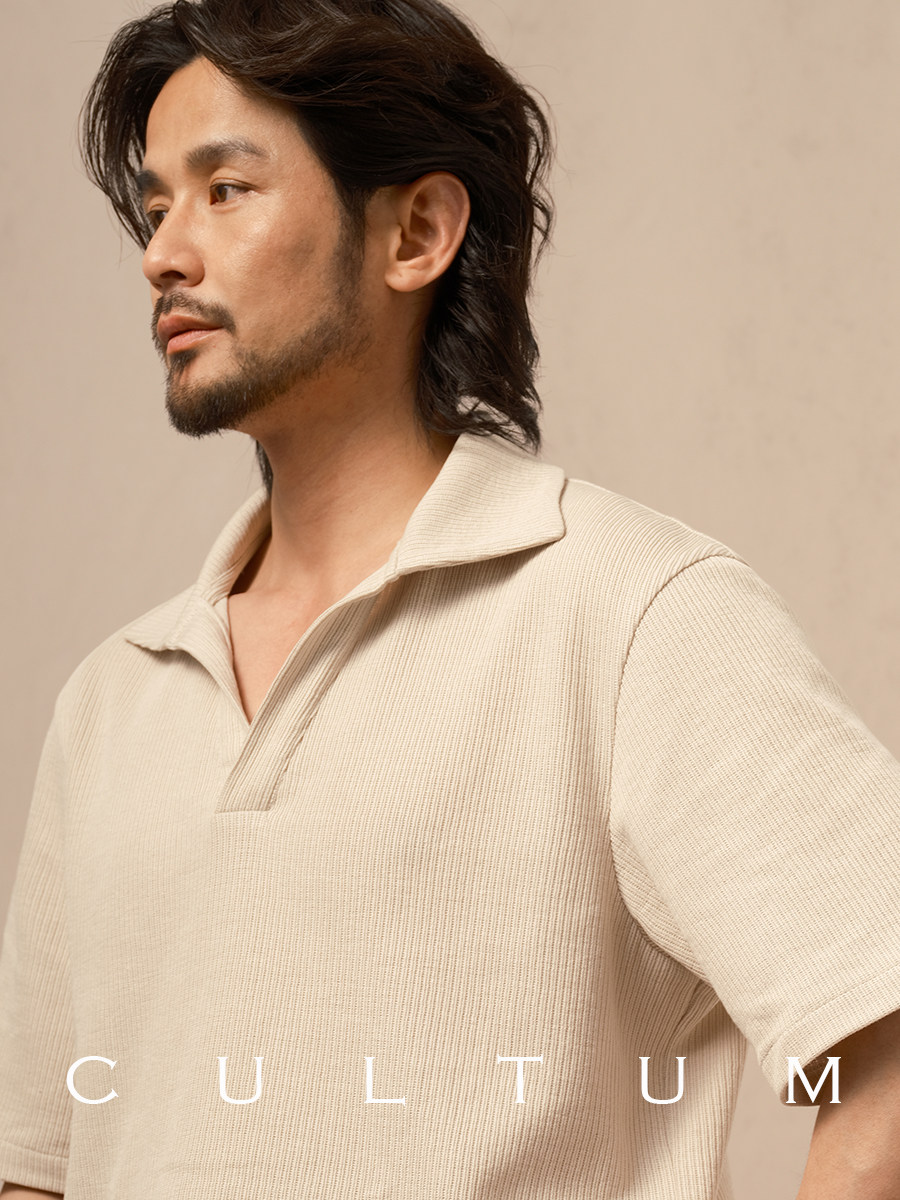 CULTUM SOFT LIGHT THREE-DIMENSIONAL STRIPE BREATHABLE KNIT POLO SHIRT MENS LOOSE CASUAL RETRO SOLID COLOR SHORT SLEEVES