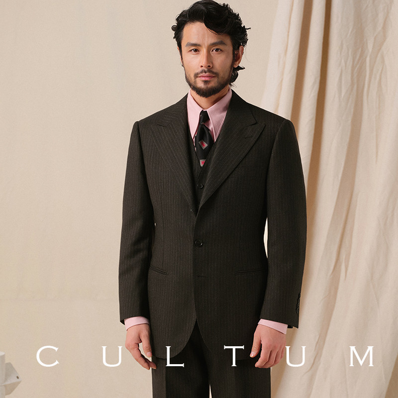 CULTUM 1930s复古加厚精纺全羊毛骑兵呢条纹西服套装男西装三件套