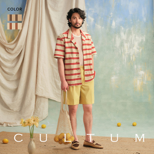 CULTUM情侣款条纹古巴领短袖衬衫
