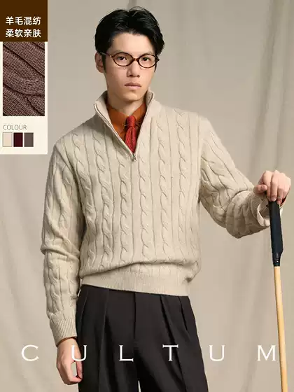 【27% Wool, 3% Rabbit Fur】Cultum Retro Ivy Style Half-Zip Turtleneck Knit Sweater for Men, Cable Knit Sweater