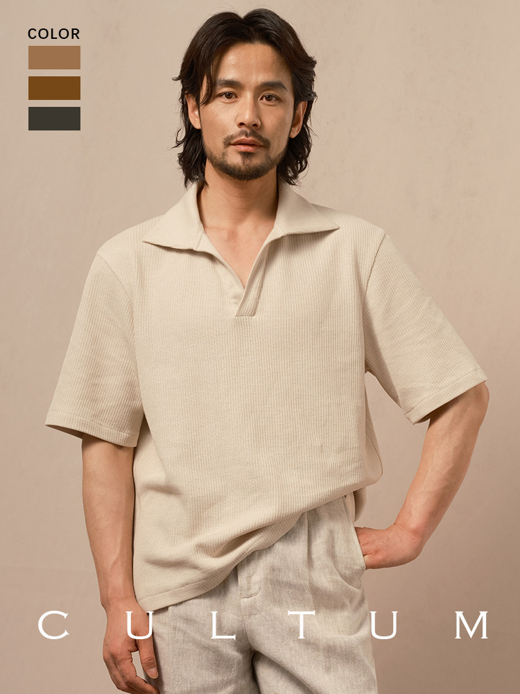 CULTUM SOFT LIGHT THREE-DIMENSIONAL STRIPE BREATHABLE KNIT POLO SHIRT MENS LOOSE CASUAL RETRO SOLID COLOR SHORT SLEEVES
