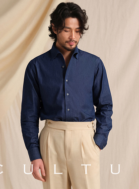 CULTUM意式一片领纯棉牛仔衬衫男长袖修身商务休闲绅士高级感衬衣