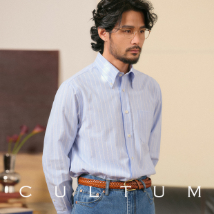 男长袖 CULTUM纽扣尖领条纹衬衫 IVY风休闲衬衣 全棉水洗牛津纺