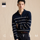 CULTUM半拉链翻领条纹针织衫 100%长绒棉 男复古学院风打底内搭