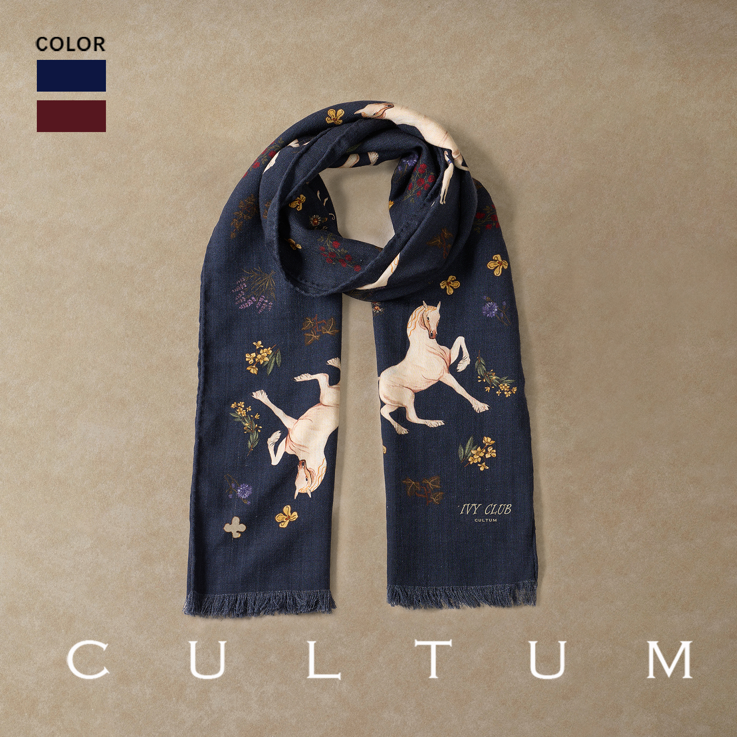 CULTUM赛马猎犬印花羊毛蚕丝围巾