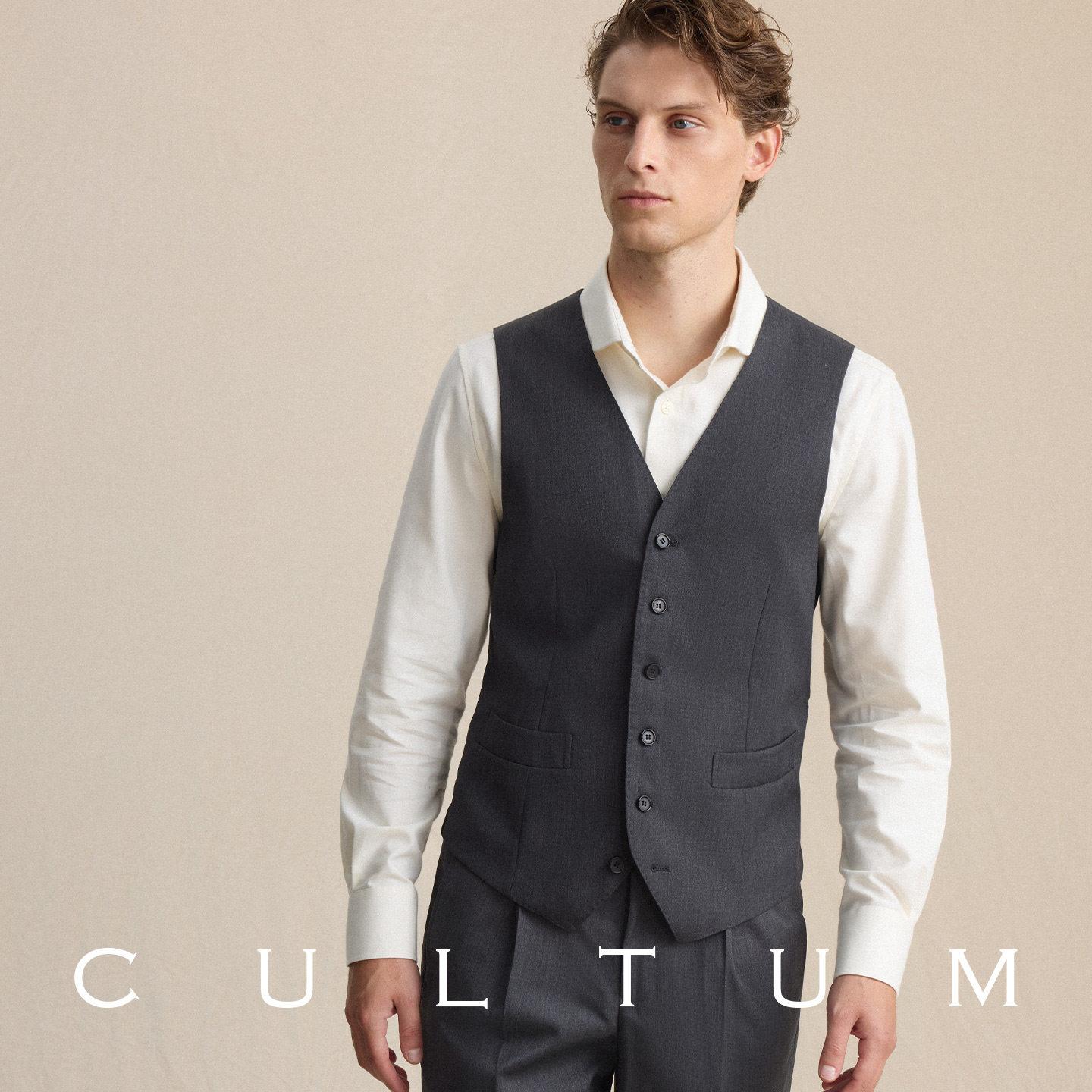 CULTUM 羊毛精纺单排六粒扣西装马甲男修身V领免烫绅士西服马夹