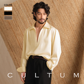 男 CULTUM深V翻领华丽感重磅斜纹醋酸天丝亚麻衬衫 丝缎凉感
