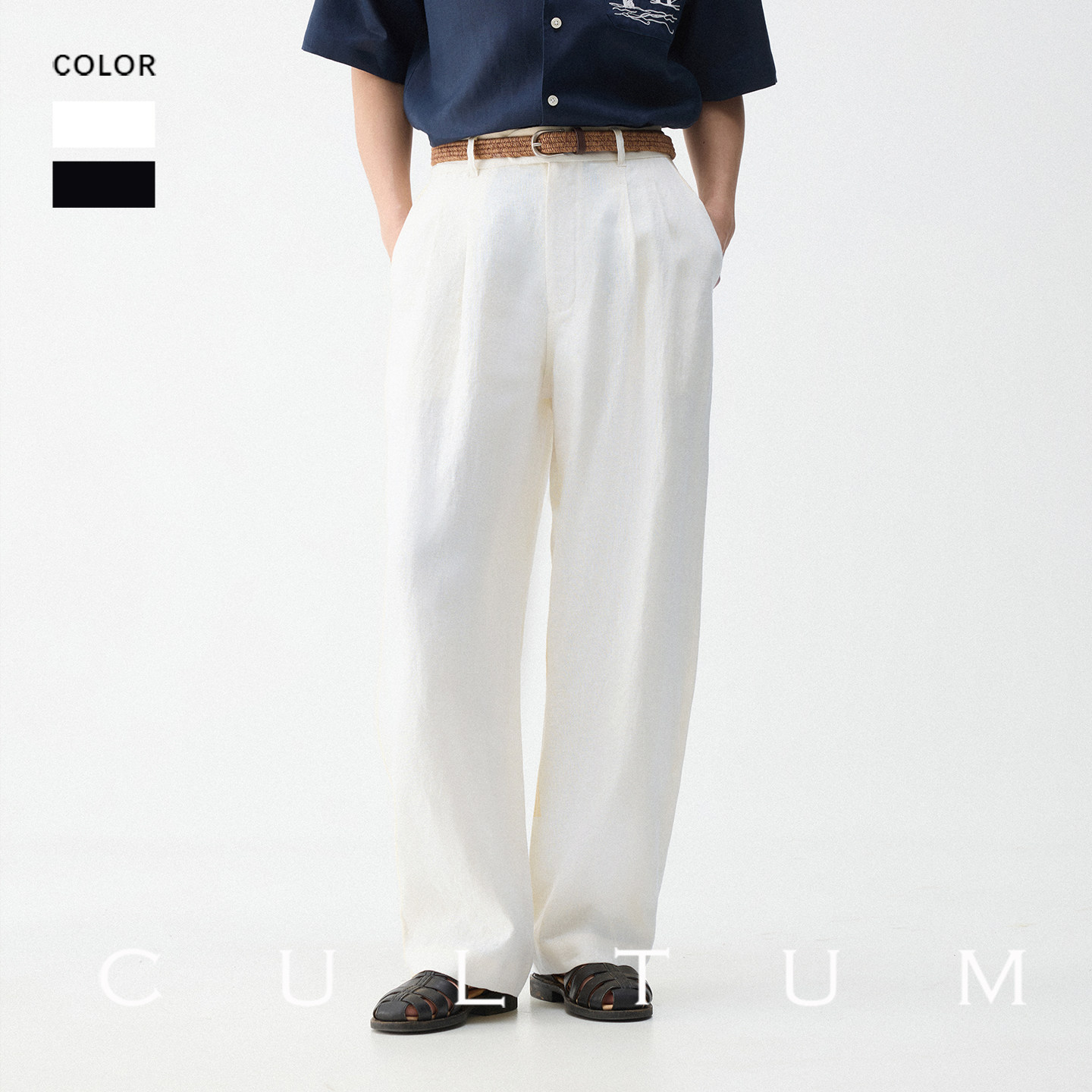 【100%法国亚麻】CULTUM春夏易打理透气舒爽高腰双褶休闲弯刀裤男