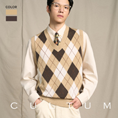 亲肤保暖 含羊毛 CULTUM针织V领背心男复古菱形格百搭秋冬马甲