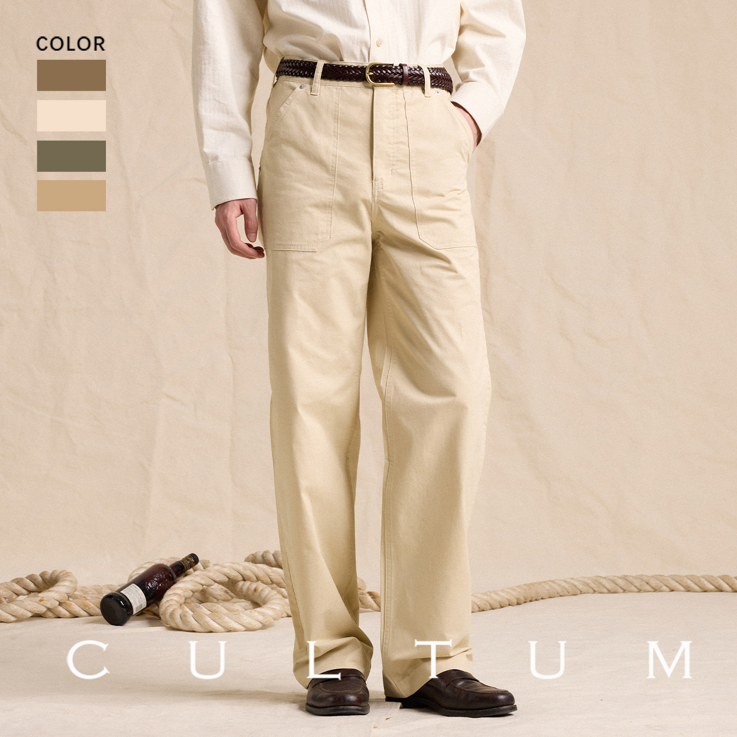 CULTUM100%棉美式复古水洗高腰直筒甲板裤春秋休闲百搭长裤男