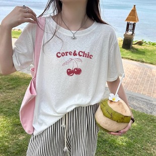 欧货竹节棉白色短袖 T恤女夏季 新款 休闲简约宽松印花纯棉上衣罩衫