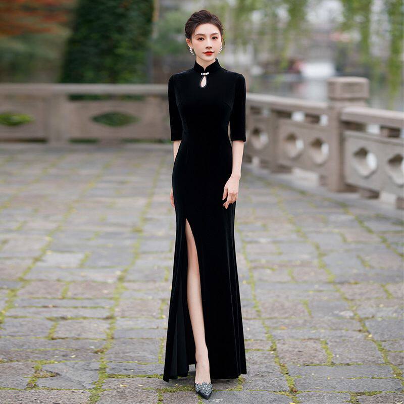 2025新款走秀旗袍形体礼仪黑色丝绒长款高端舞台演出服优雅鱼尾裙