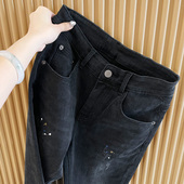 黑灰色九分牛仔裤 韩版 痞帅潮流泼墨韩版 男士 修身 小脚裤 弹力九分裤