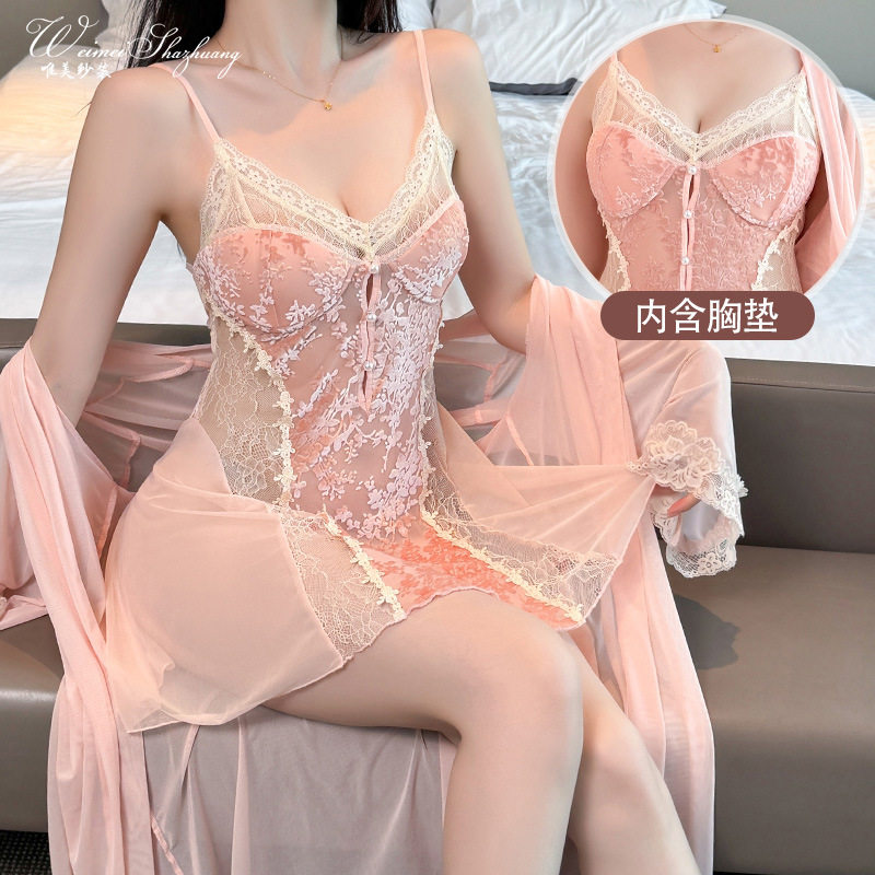 性感睡衣女士春秋薄款网纱蕾丝吊带睡裙纯欲风带胸垫女款助兴睡衣