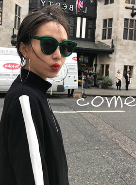 林允儿同款绿色框太阳镜女潮偏光猫眼圆脸复古2021韩国新款墨镜