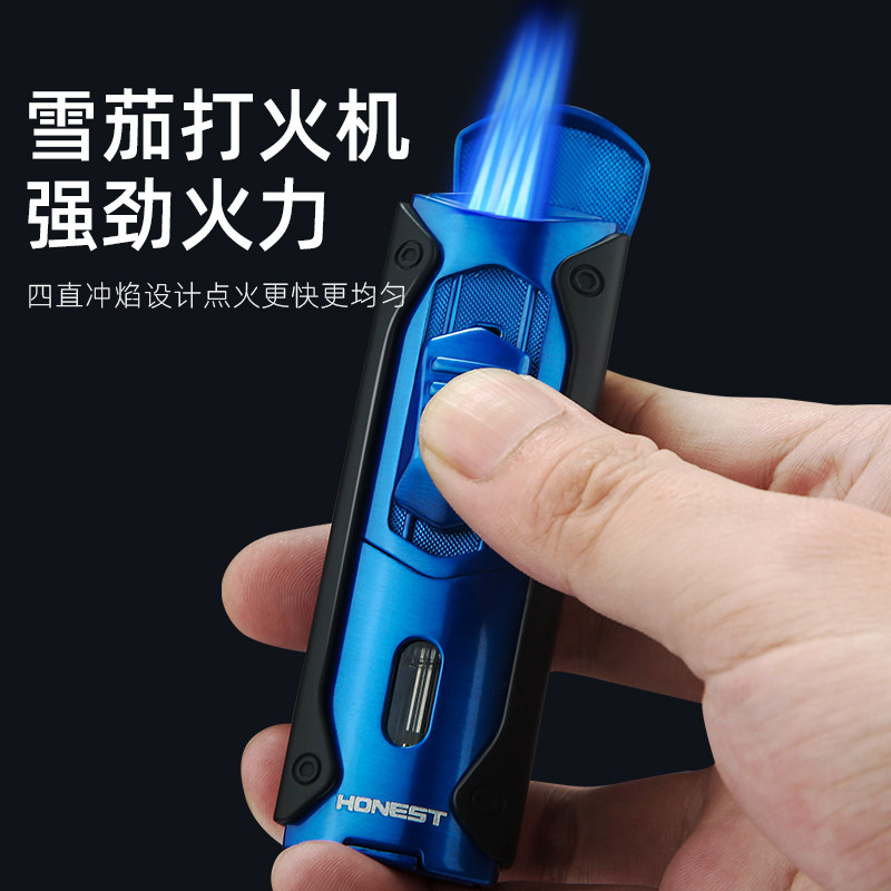 百诚金属可充气四喷头直冲蓝焰大火力防风打火机带雪茄钻刀观气窗