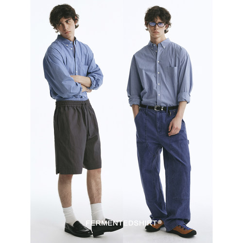 fermentedshirt复古蓝白格纹衬衫