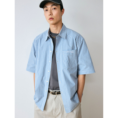 FERMENTEDSHIRT/蓝白中古小格纹宽松休闲短袖衬衫
