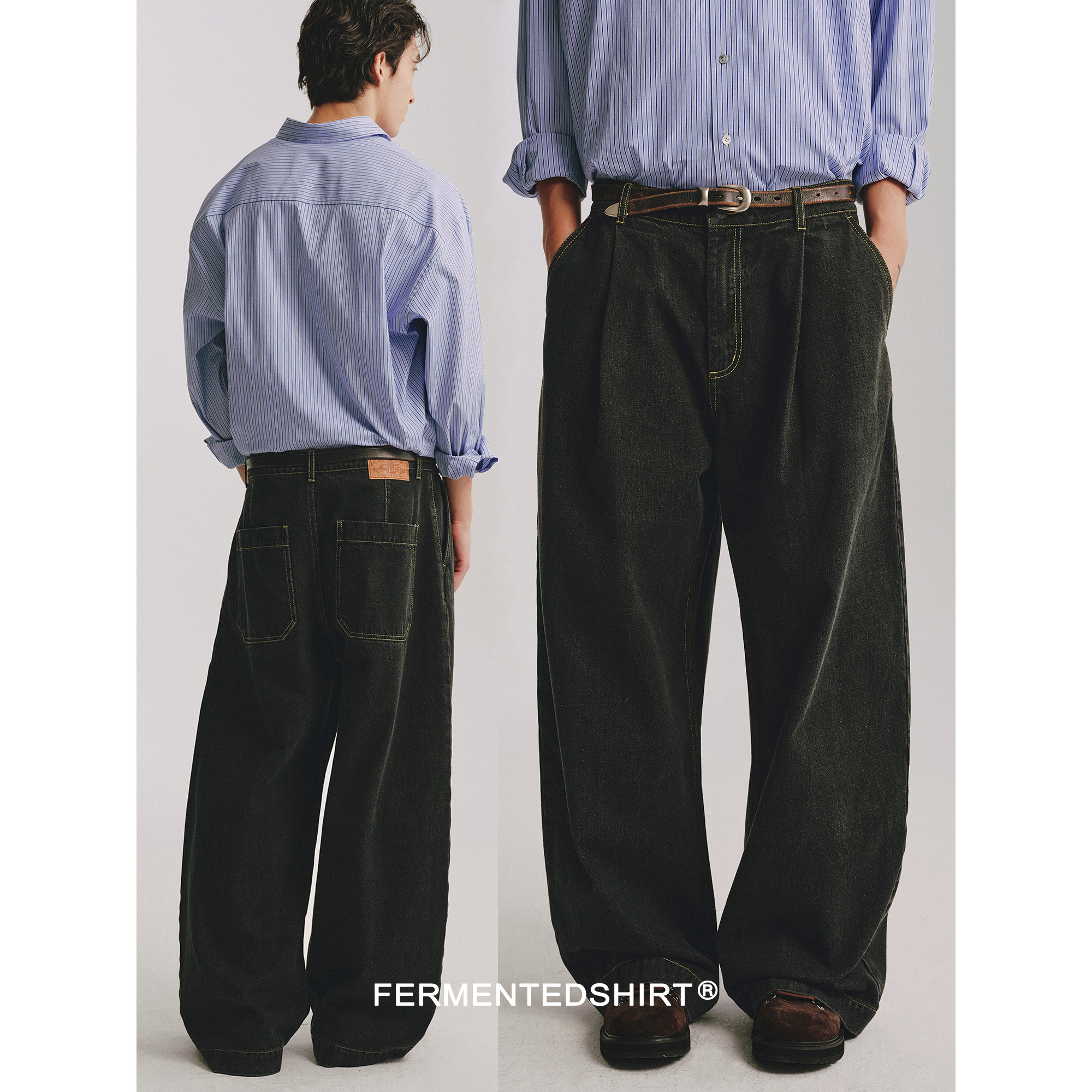 FERMENTEDSHIRT/26秋冬黑色单褶阔腿微弯刀型水洗做旧牛仔裤