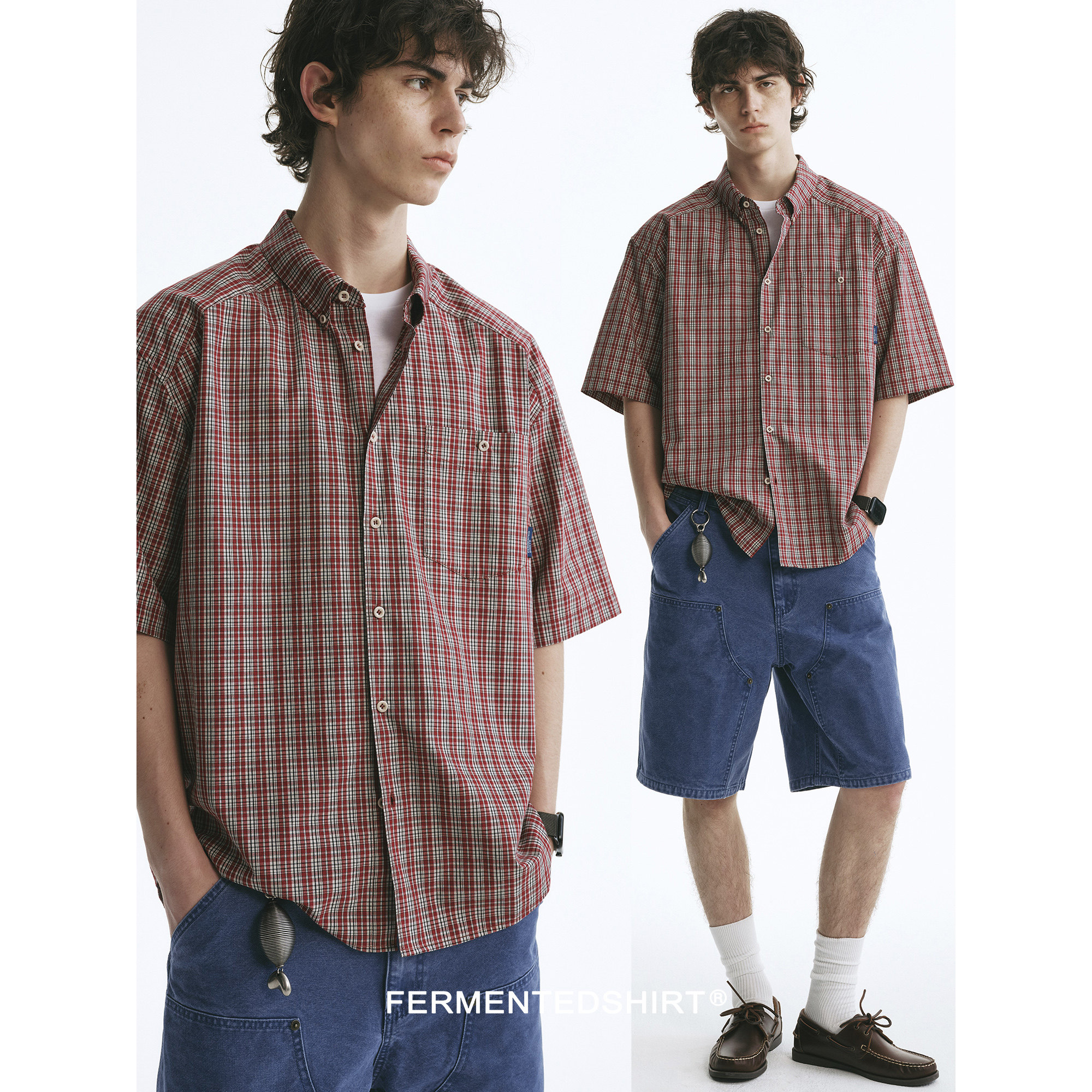 FERMENTEDSHIRT26夏复古红色色织格纹宽松短袖衬衫