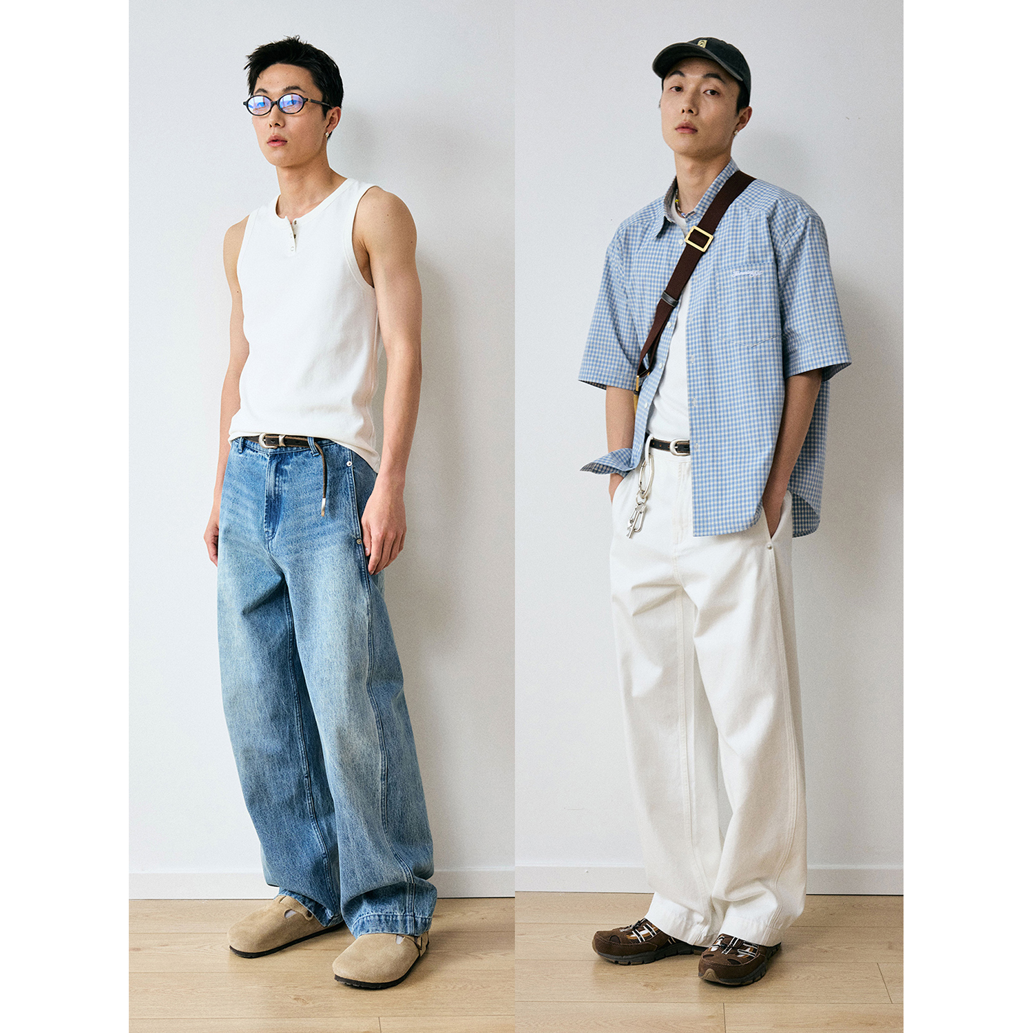 FERMENTEDSHIRT/浅蓝&白色酵洗水洗镰刀形宽松休闲牛仔裤四季款