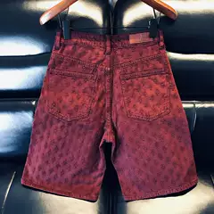 Loose Fit, High-End Quality, Dark Red Denim Shorts for Men, Summer American Style Trendy Brand, Distressed Ripped Five-Point Shorts